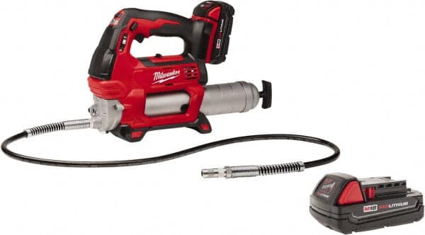 Milwaukee Tool - 10,000 Max psi, Flexible Battery-Operated Grease Gun - 14 oz Capacity, 31 Strokes per oz, Includes Grease Gun, Gauge Hose Assembly, Coupler, 30-Minute Charger, Carrying Case, (2)18 V Rechargeable Batteries & Extra 18V Li-Ion Battery - Americas Industrial Supply