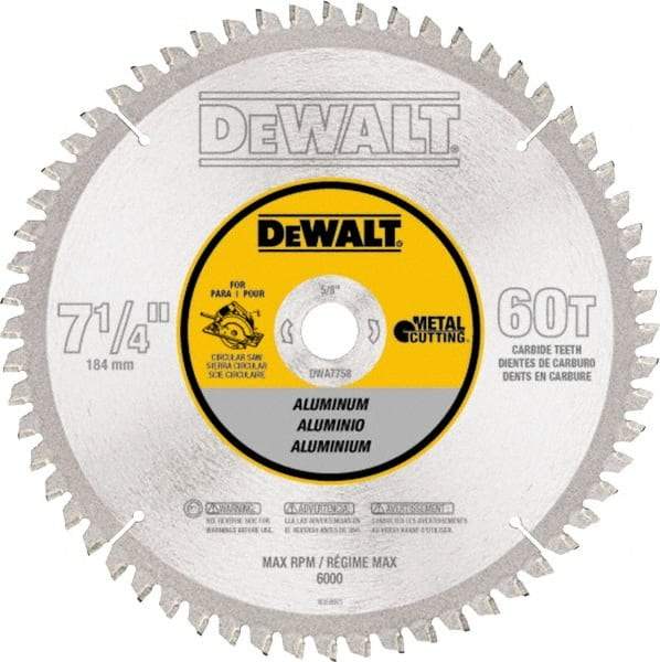 DeWALT - 7-1/4" Diam, 5/8" Arbor Hole Diam, 60 Tooth Wet & Dry Cut Saw Blade - High Speed Steel, Crosscut Action, Standard Round Arbor - Americas Industrial Supply