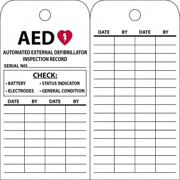 NMC - 3" High x 6" Long, AED, English Safety & Facility Quality Control Tag - 1 Side, White Vinyl/Polyester - Americas Industrial Supply