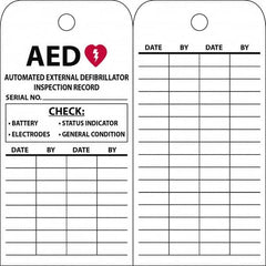 NMC - 3" High x 6" Long, AED, English Safety & Facility Quality Control Tag - 1 Side, White Vinyl/Polyester - Americas Industrial Supply
