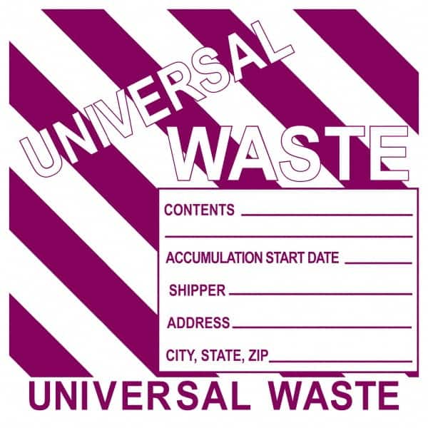 NMC - Universal Label - Legend: Universal Waste Contents______ Accumulation Start Date_____ Shipper_____ Address____ City, State, Zip____, English, Purple, 6" Long x 6" High, Sign Muscle Finish - Americas Industrial Supply