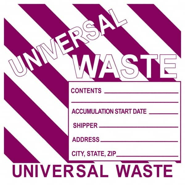 NMC - Universal Label - Legend: Universal Waste Contents______ Accumulation Start Date_____ Shipper_____ Address____ City, State, Zip____, English, Purple, 6" Long x 6" High, Sign Muscle Finish - Americas Industrial Supply