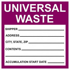 NMC - Universal Label - Legend: Universal Waste - Shipper__________ Address____ City,State,Zip____ Contents________ Accumulation Start Date ______, English, Purple & Black, 6" Long x 6" High, Sign Muscle Finish - Americas Industrial Supply