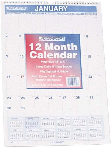AT-A-GLANCE - 12 Sheet, 12 x 17", Planner Wall Calendar - Blue & Red - Americas Industrial Supply
