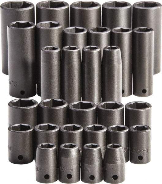 Proto - 30 Piece 1/2" Drive Full Polish Finish Impact Socket Set - 6 Points, 1-1/4" to 1-1/4" (10mm to 24mm) Range, Inch/Metric Measurement Standard - Americas Industrial Supply