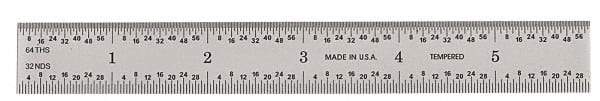 General - 6" Long, 1/64, 1/32, 1/16, 1/8" Graduation, Rigid Steel Rule - 4R Graduation Style, 3/4" Wide, Silver, Satin Chrome Finish - Americas Industrial Supply