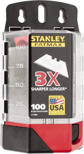 Stanley - 100 Piece High Carbon Steel Utility Knife Blade - 2-7/16" OAL, 0.024" Blade Thickness - Americas Industrial Supply