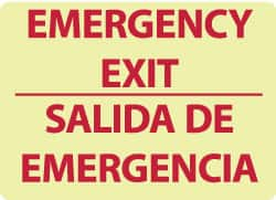 NMC - Emergency Exit, Pressure Sensitive Vinyl Exit Sign - 14" Wide x 10" High, English/Spanish, Glow-in-the-Dark - Americas Industrial Supply