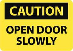 NMC - Caution - Open Door Slowly, Aluminum Fire and Exit Sign - 10" Wide x 7" High - Americas Industrial Supply