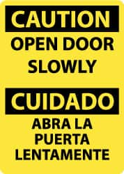 NMC - Caution - Open Door Slowly, Pressure Sensitive Vinyl Fire and Exit Sign - 10" Wide x 14" High, English/Spanish - Americas Industrial Supply