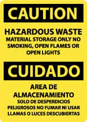 NMC - "Caution - Hazardous Waste Material Storage Only - No Smoking, Open Flames or Open Lights", 14" Long x 10" Wide, Pressure-Sensitive Vinyl Safety Sign - Rectangle, 0.004" Thick, Use for Hazardous Materials - Americas Industrial Supply