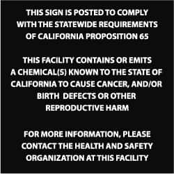 NMC - "This Sign Is Posted to Comply with The Statewide Requirements of California Proposition 65 This Facility Contains or...", 10" Long x 10" Wide, Rigid Plastic Safety Sign - Square, 0.05" Thick, Use for Hazardous Materials - Americas Industrial Supply