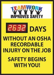 NMC - Scoreboards Scoreboard Type: Digital Scoreboard Legend: Teamwork Improves Safety - ___ Days without an OSHA Recordable Injury - on the Job Safety Begins with You - Americas Industrial Supply