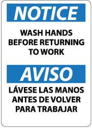 NMC - "Notice - Wash Hands Before Returning to Work", 14" Long x 10" Wide, Pressure-Sensitive Vinyl Safety Sign - Rectangle, 0.004" Thick, Use for Restroom, Janitorial & Housekeeping - Americas Industrial Supply