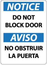 NMC - "Notice - Do Not Block Door", 14" Long x 10" Wide, Aluminum Safety Sign - Rectangle, 0.04" Thick, Use for Accident Prevention - Americas Industrial Supply