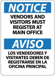 NMC - "Notice - Vendors and Visitors Must Register at Main Office", 14" Long x 10" Wide, Pressure-Sensitive Vinyl Safety Sign - Rectangle, 0.004" Thick, Use for Security & Admittance - Americas Industrial Supply