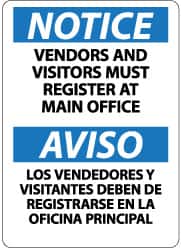 NMC - "Notice - Vendors and Visitors Must Register at Main Office", 14" Long x 10" Wide, Rigid Plastic Safety Sign - Rectangle, 0.05" Thick, Use for Security & Admittance - Americas Industrial Supply