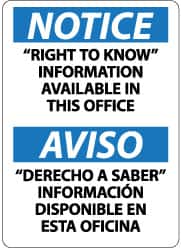 NMC - "Notice - "Right to Know" Information Available in This Office", 14" Long x 10" Wide, Rigid Plastic Safety Sign - Rectangle, 0.05" Thick, Use for Hazardous Materials - Americas Industrial Supply