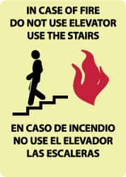 NMC - In Case of Fire - Do Not Use Elevator - Use the Stairs, Pressure Sensitive Vinyl Fire and Exit Sign - 10" Wide x 14" High, English/Spanish, Glow-in-the-Dark - Americas Industrial Supply