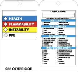 NMC - 3" High x 6" Long, HEALTH-FLAMMABILITY-INSTABILITY-PPE, English Safety & Facility Accident Prevention Tag - Tag Header: Notice, 2 Sides, Black, White, Yellow, Red & Blue Laminated Vinyl - Americas Industrial Supply