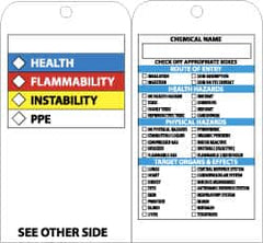 NMC - 3" High x 6" Long, HEALTH-FLAMMABILITY-INSTABILITY-PPE, English Safety & Facility Accident Prevention Tag - Tag Header: Notice, 2 Sides, Black, White, Yellow, Red & Blue Laminated Vinyl - Americas Industrial Supply