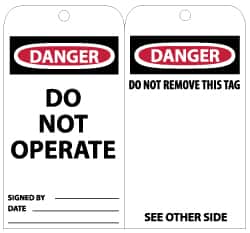 NMC - 3" High x 6" Long, DANGER - DO NOT OPERATE, English Safety & Facility Lockout Tag - Tag Header: Danger, 2 Sides, Black, Red & White Unrippable Vinyl - Americas Industrial Supply