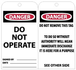 NMC - 3" High x 6" Long, DANGER - DO NOT OPERATE, English Safety & Facility Lockout Tag - Tag Header: Danger, 2 Sides, Black, Red & White Unrippable Vinyl - Americas Industrial Supply