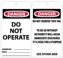 NMC - 3" High x 6" Long, DANGER - DO NOT OPERATE, English Safety & Facility Lockout Tag - Tag Header: Danger, 2 Sides, Black, Red & White Unrippable Vinyl - Americas Industrial Supply