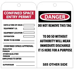 NMC - 3" High x 6" Long, CONFINED SPACE ENTRY LIMIT-CONFINED SPACE APPROVAL, English Safety & Facility Accident Prevention Tag - Tag Header: Danger, 2 Sides, Black & White Unrippable Vinyl - Americas Industrial Supply
