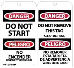 NMC - 3" High x 6" Long, DANGER - DO NOT START, English Safety & Facility Lockout Tag - Tag Header: Danger, 2 Sides, Black, Red & White Unrippable Vinyl - Americas Industrial Supply