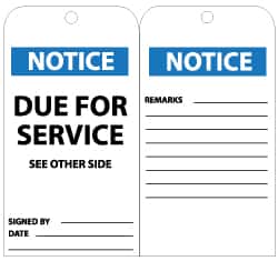 NMC - 3" High x 6" Long, NOTICE - DUE FOR SERVICE, English Safety & Facility Lockout Tag - Tag Header: Notice, 2 Sides, Black, White & Blue Unrippable Vinyl - Americas Industrial Supply