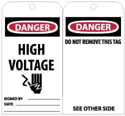 NMC - 3" High x 6" Long, DANGER - HIGH VOLTAGE, English Safety & Facility Lockout Tag - Tag Header: Danger, 2 Sides, Black, Red & White Unrippable Vinyl - Americas Industrial Supply