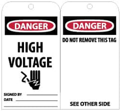NMC - 3" High x 6" Long, DANGER - HIGH VOLTAGE, English Safety & Facility Lockout Tag - Tag Header: Danger, 2 Sides, Black, Red & White Unrippable Vinyl - Americas Industrial Supply