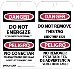 NMC - 3" High x 6" Long, DANGER - DO NOT ENERGIZE - EQUIPMENT LOCKED OUT, English Safety & Facility Lockout Tag - Tag Header: Danger, 2 Sides, Black, Red & White Unrippable Vinyl - Americas Industrial Supply