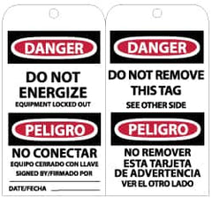 NMC - 3" High x 6" Long, DANGER - DO NOT ENERGIZE - EQUIPMENT LOCKED OUT, English Safety & Facility Lockout Tag - Tag Header: Danger, 2 Sides, Black, Red & White Unrippable Vinyl - Americas Industrial Supply