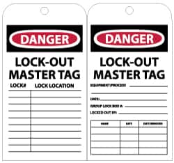 NMC - 3" High x 6" Long, DANGER - LOCK-OUT MASTER TAG, English Safety & Facility Lockout Tag - Tag Header: Danger, 2 Sides, Black, Red & White Unrippable Vinyl - Americas Industrial Supply