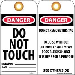 NMC - 3" High x 6" Long, DANGER - DO NOT TOUCH, English Safety & Facility Lockout Tag - Tag Header: Danger, 2 Sides, Black, Red & White Unrippable Vinyl - Americas Industrial Supply