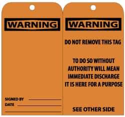 NMC - 3" High x 6" Long, Warning, English Safety & Facility Lockout Tag - Tag Header: Warning, 2 Sides, Black & Orange Unrippable Vinyl - Americas Industrial Supply