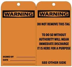 NMC - 3" High x 6" Long, Warning, English Safety & Facility Lockout Tag - Tag Header: Warning, 2 Sides, Black & Orange Unrippable Vinyl - Americas Industrial Supply