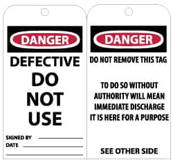 NMC - 3" High x 6" Long, DANGER - DEFECTIVE - DO NOT USE, English Safety & Facility Lockout Tag - Tag Header: Danger, 2 Sides, Black, Red & White Unrippable Vinyl - Americas Industrial Supply