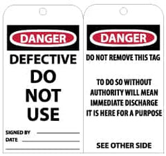 NMC - 3" High x 6" Long, DANGER - DEFECTIVE - DO NOT USE, English Safety & Facility Lockout Tag - Tag Header: Danger, 2 Sides, Black, Red & White Unrippable Vinyl - Americas Industrial Supply