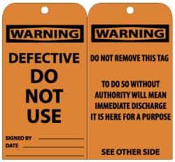 NMC - 3" High x 6" Long, WARNING - DEFECTIVE-DO NOT USE, English Safety & Facility Lockout Tag - Tag Header: Warning, 2 Sides, Black & Orange Unrippable Vinyl - Americas Industrial Supply