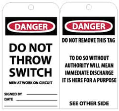 NMC - 3" High x 6" Long, DANGER - DO NOT THROW SWITCH - MEN AT WORK ON CIRCUIT, English Safety & Facility Lockout Tag - Tag Header: Danger, 2 Sides, Black, Red & White Unrippable Vinyl - Americas Industrial Supply