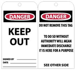NMC - 3" High x 6" Long, DANGER - KEEP OUT, English Safety & Facility Accident Prevention Tag - Tag Header: Danger, 2 Sides, Black, Red & White Unrippable Vinyl - Americas Industrial Supply