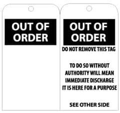 NMC - 3" High x 6" Long, OUT OF ORDER, English Safety & Facility Lockout Tag - Tag Header: Notice, 2 Sides, Black & White Unrippable Vinyl - Americas Industrial Supply