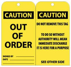 NMC - 3" High x 6" Long, CAUTION - OUT OF ORDER, English Safety & Facility Lockout Tag - Tag Header: CAUTION, 2 Sides, Black & Yellow Unrippable Vinyl - Americas Industrial Supply