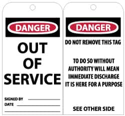NMC - 3" High x 6" Long, Danger - Out of Service, English Safety & Facility Lockout Tag - Tag Header: Danger, 2 Sides, Black, Red & White Unrippable Vinyl - Americas Industrial Supply