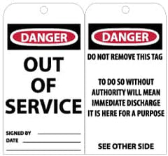 NMC - 3" High x 6" Long, Danger - Out of Service, English Safety & Facility Lockout Tag - Tag Header: Danger, 2 Sides, Black, Red & White Unrippable Vinyl - Americas Industrial Supply