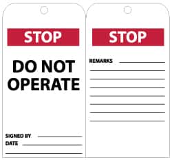 NMC - 3" High x 6" Long, STOP - DO NOT OPERATE, English Safety & Facility Lockout Tag - Tag Header: CAUTION, 2 Sides, Black, Red & White Unrippable Vinyl - Americas Industrial Supply