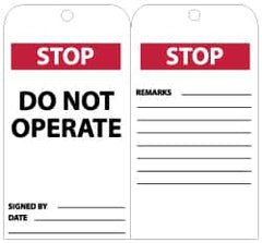 NMC - 3" High x 6" Long, STOP - DO NOT OPERATE, English Safety & Facility Lockout Tag - Tag Header: CAUTION, 2 Sides, Black, Red & White Unrippable Vinyl - Americas Industrial Supply